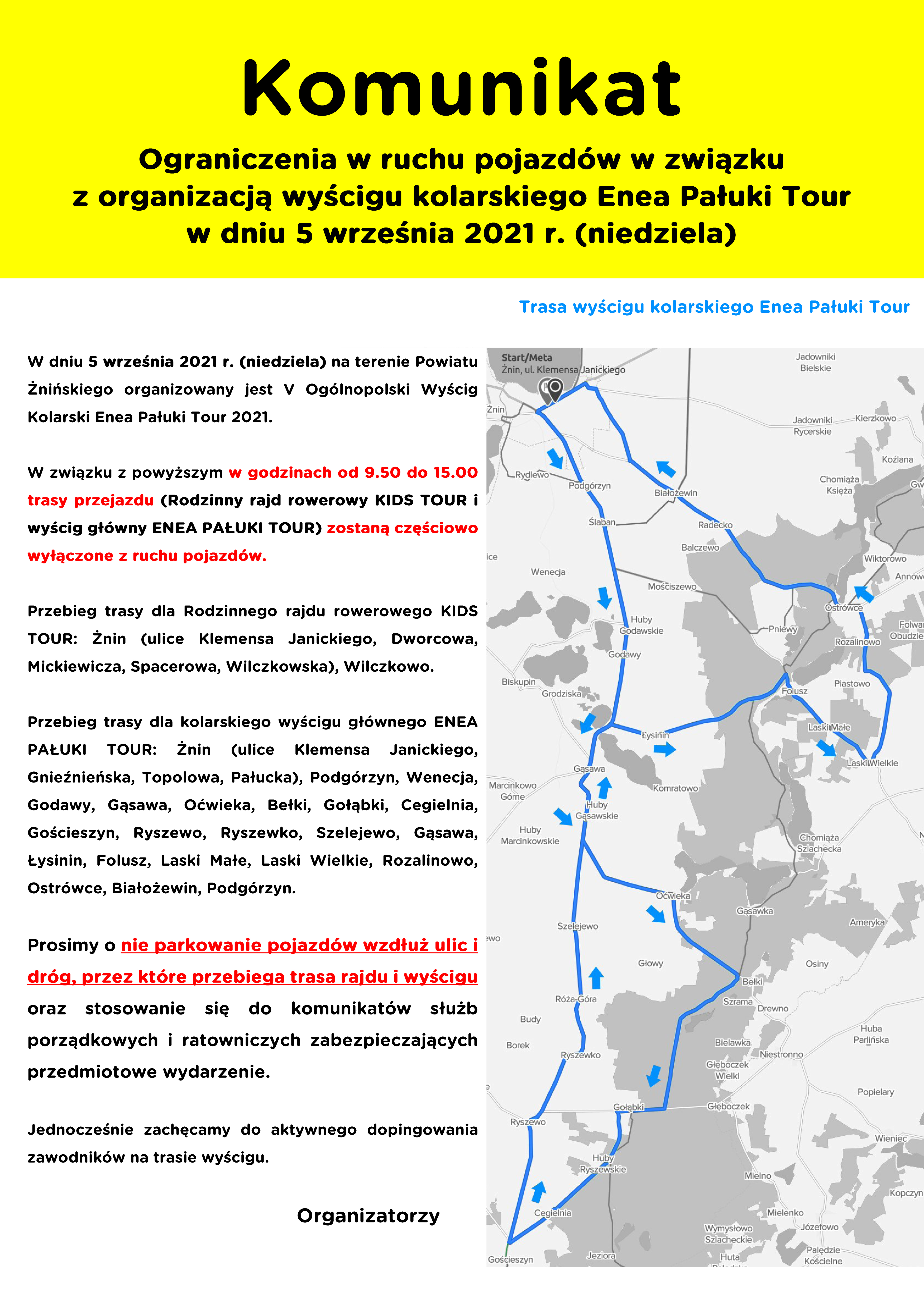 Komunikat - organiczenia w ruchu pojazdów w związku z organizacją wyściugu kolarskiego Enea Pałuki Tour w dniu 5 września 2021 roku